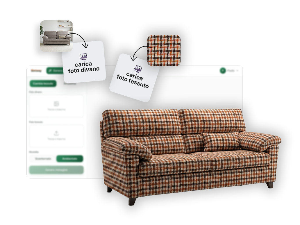 Kubiq — carica foto divano e tessuto, genera il risultato con AI